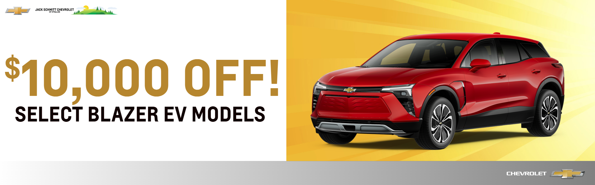 $10,000 off Red BLazer EV on yellow and white sun background